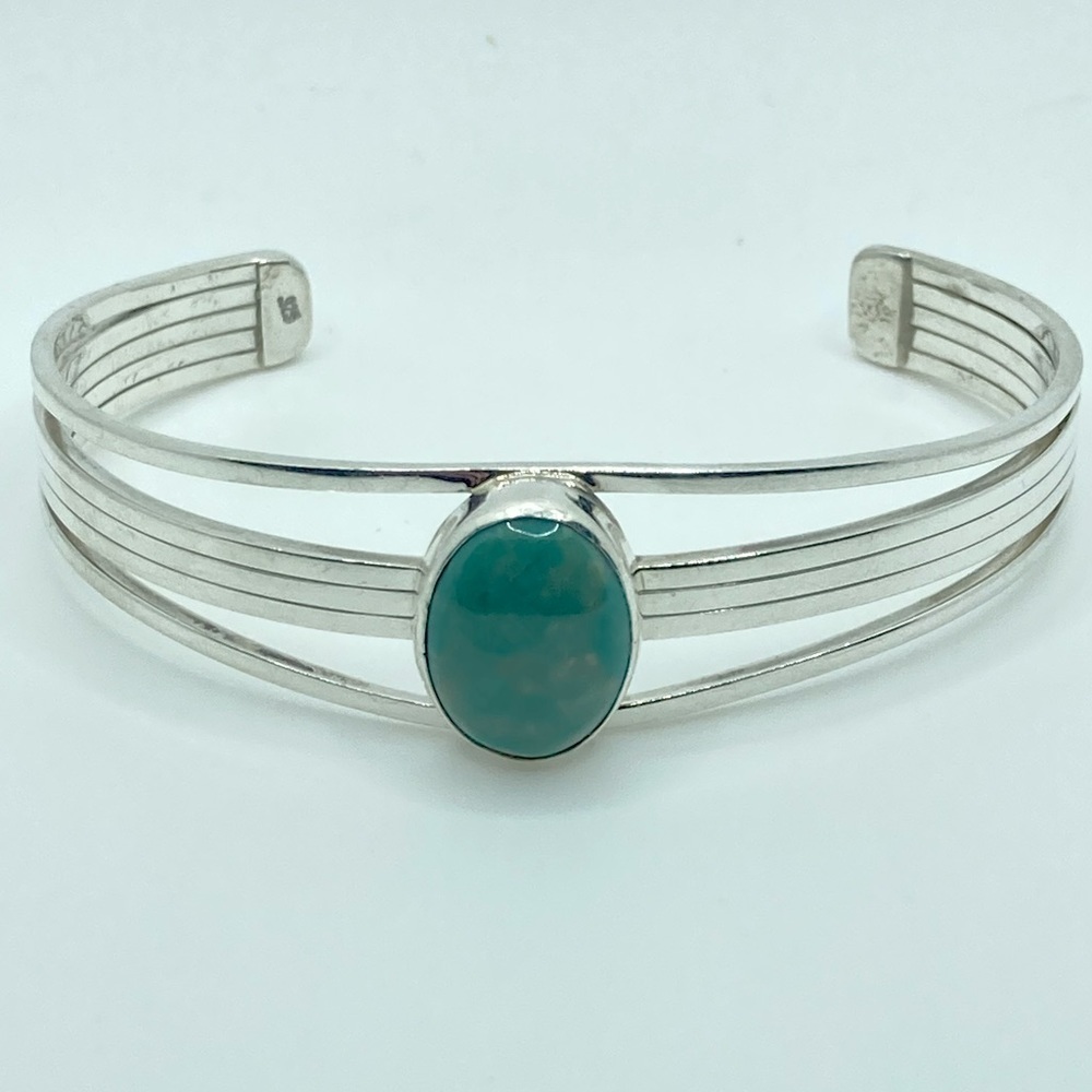 Vtg Sterling & Chrysoprase Cuff Bracelet 5.2” + 1.5” Gap / 21g